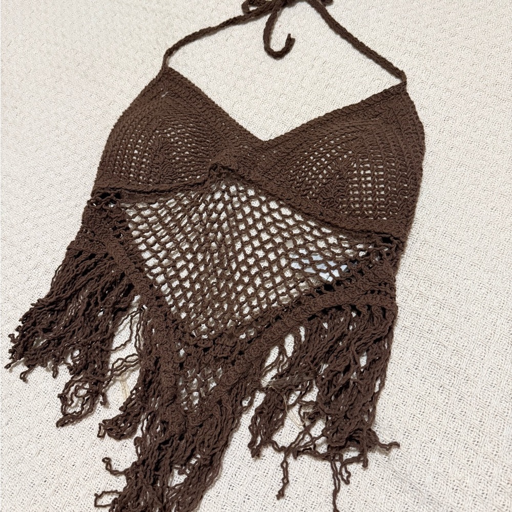 Sans Souci Brown Crochet Fringe Halter Swim Coverup